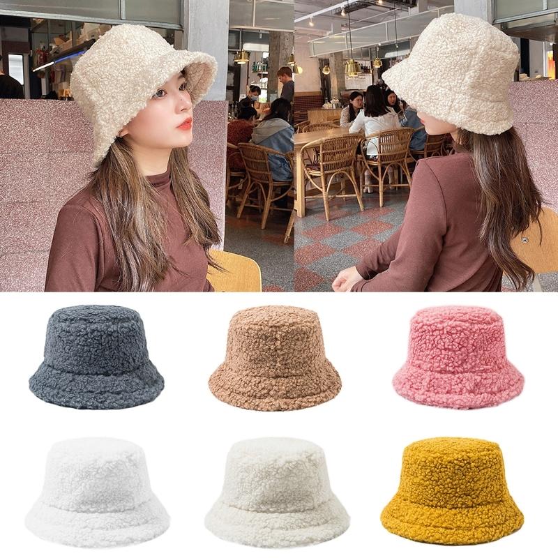 Lamb Wool Plush Hats Solid Color Wide Brims Caps All-match Fall Winter Plush Hat Plush Hat Bucket Hats for Women & Men