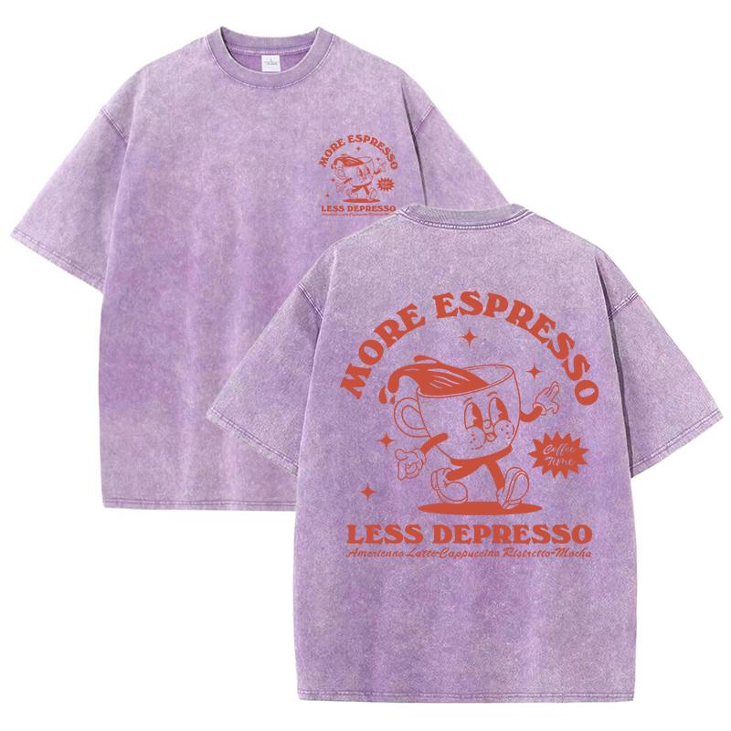 More Espresso Less Depresso Letter Cup Drink Print Washed Womens Tee Shirt Cotton T-Shirts New Breathable Clothes All-Match  Top