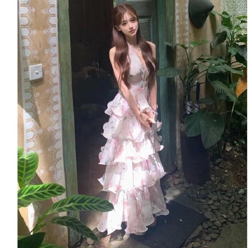 French Holiday Style Floral Halter Neck Dress Women's Summer New Design Waist Ruffle Cake Skirt