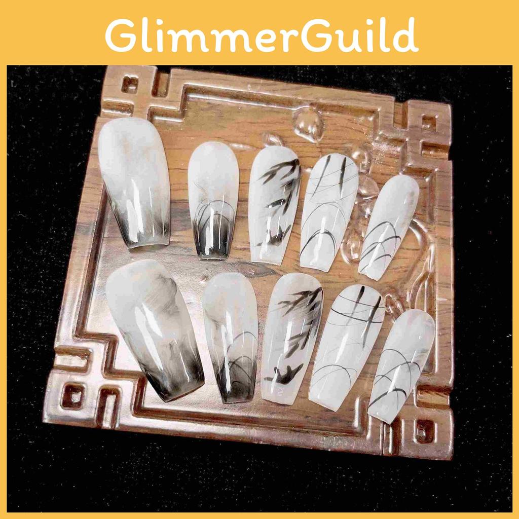 Hand-painted Chinese Ink Mountain And Water Nail Sticker Wearable Artwork False Nails For Women