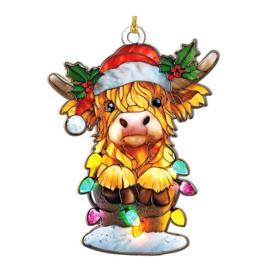 Highland Cow Christmas Ornament Stained Glass Effect Window Hanging Highland Cow Decor Rustic Acrylic Scottish Suncatcher for Farmhouse Tree Decor