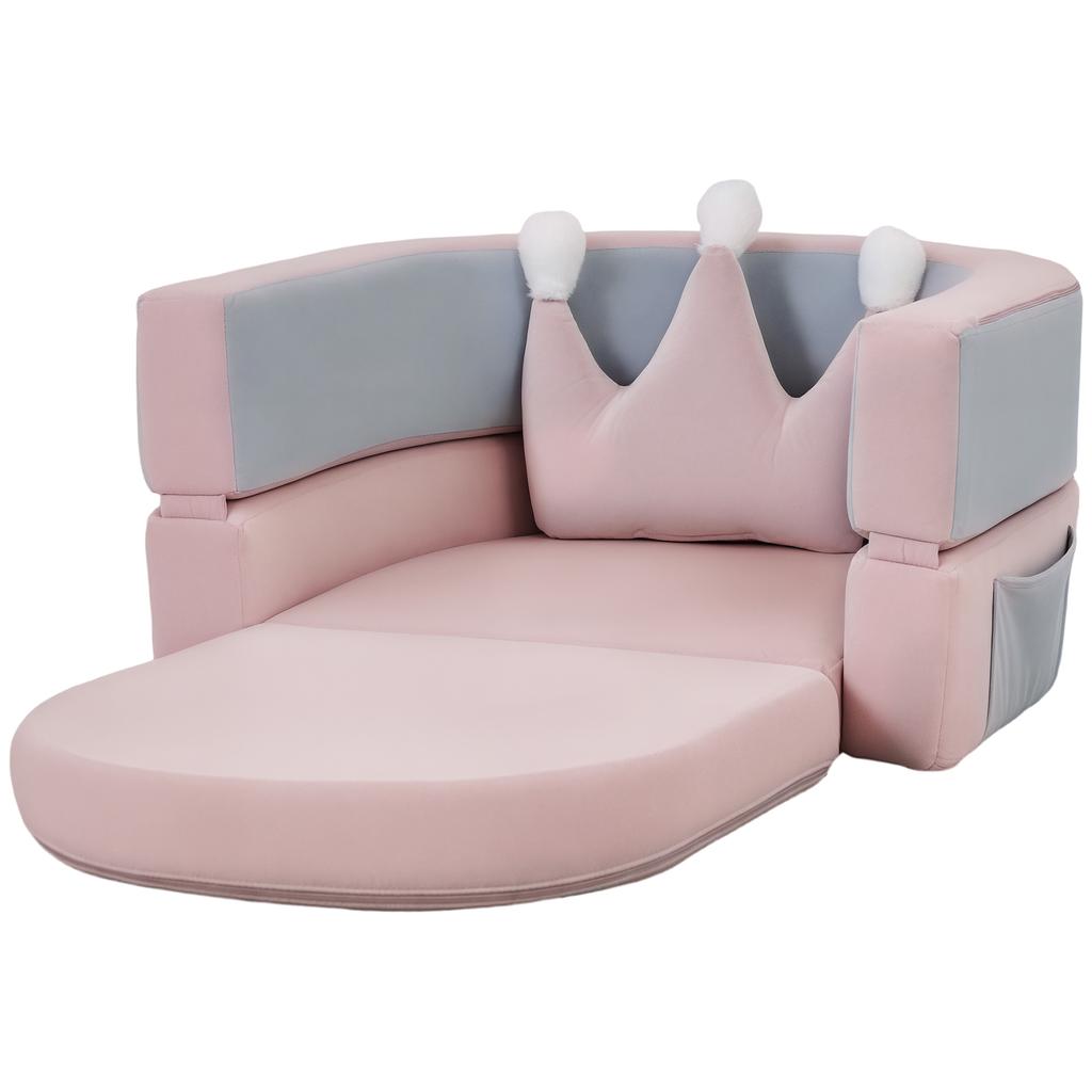 Children's Sofa Convertible into Bed and Play Area with Crown Cushion 116x61x14 cm Pink and Greyish Blue