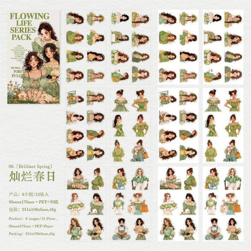 

12pcs/bag Dual Material Sticker Bag Dopamine Fashion Girl Character Pattern Sticker Creative Hand Account Collage DIY Decoration