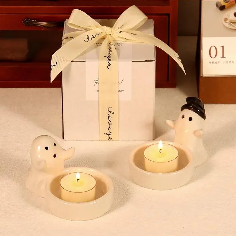 Porte-bougie en céramique fantôme d'Halloween Support de bougie antidérapant pour chambre à coucher effrayante, fête, décoration de table Design hantant et chic