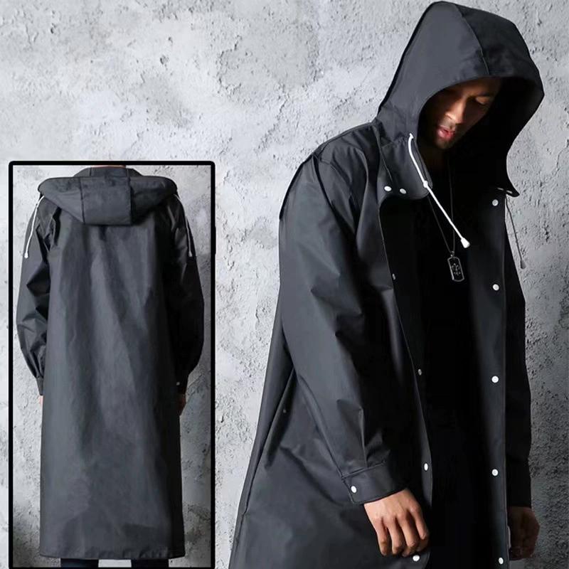 Mid-Length Black Waterproof Raincoat with Hood Perfect for Hiking Travel Fishing & Climbing Hand Washable EVA Material