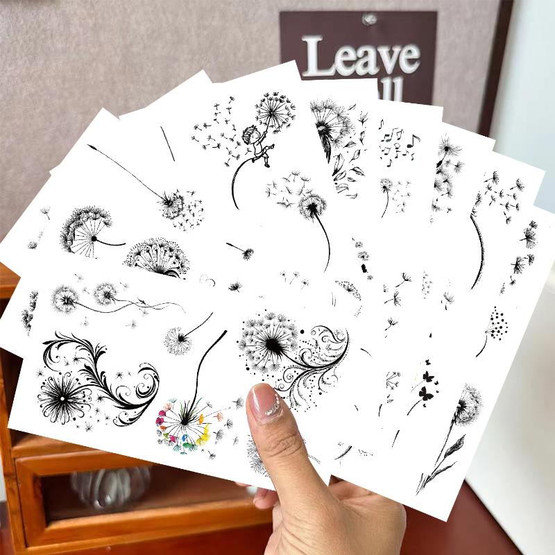 10 Sheets/Set Black And White Series Dandelion Flower Tattoo Sticker Waterproof Decoration Arm Cheek Party Tattoo Sticker