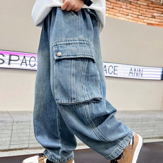 

Брюки Мужской Детский Труд Одежда Джинсы Весна и Осень Детские Свободные Брюки Весенние Прямые Брюки Красивый 150