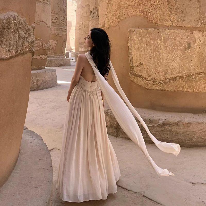 

Египет Дубай Пустынное Шифоновое Платье с Открытой Спиной Туризм Milk apricot (Authentic high quality) XL