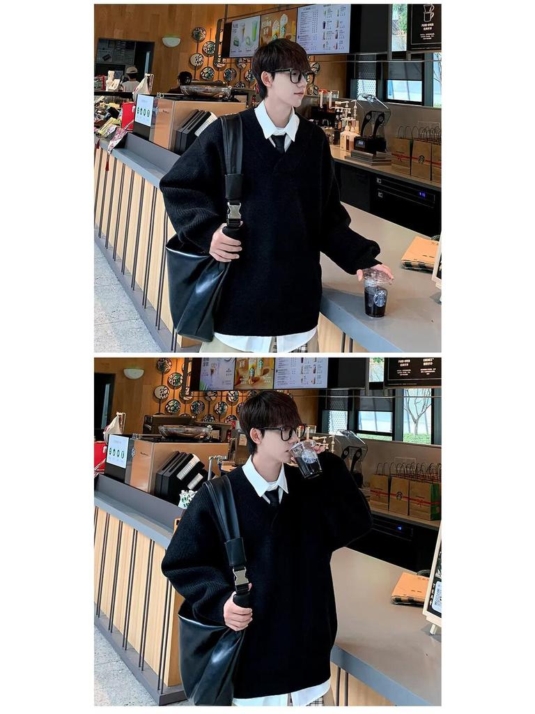 Autumn Winter 2025 Men's Casual Retro V-Neck Cardigan Sweater - Solid Color Knit Outerwear