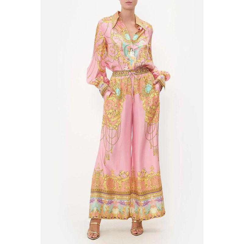 

2024 New Arrival European and American Leisure Vacation Long Sleeves Pink Printing Shirt Pants Two-piece Set Women s Clothing Pink S