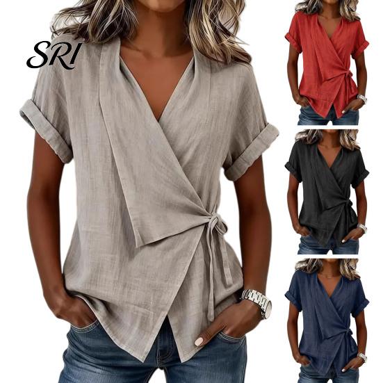 Seitenbindebluse Damen Oberteile V-Ausschnitt Kurzarm Einfarbige Bluse mit Sommer Unregelmäßiger Lockere Passform T-Shirt Tägliches Oberteil