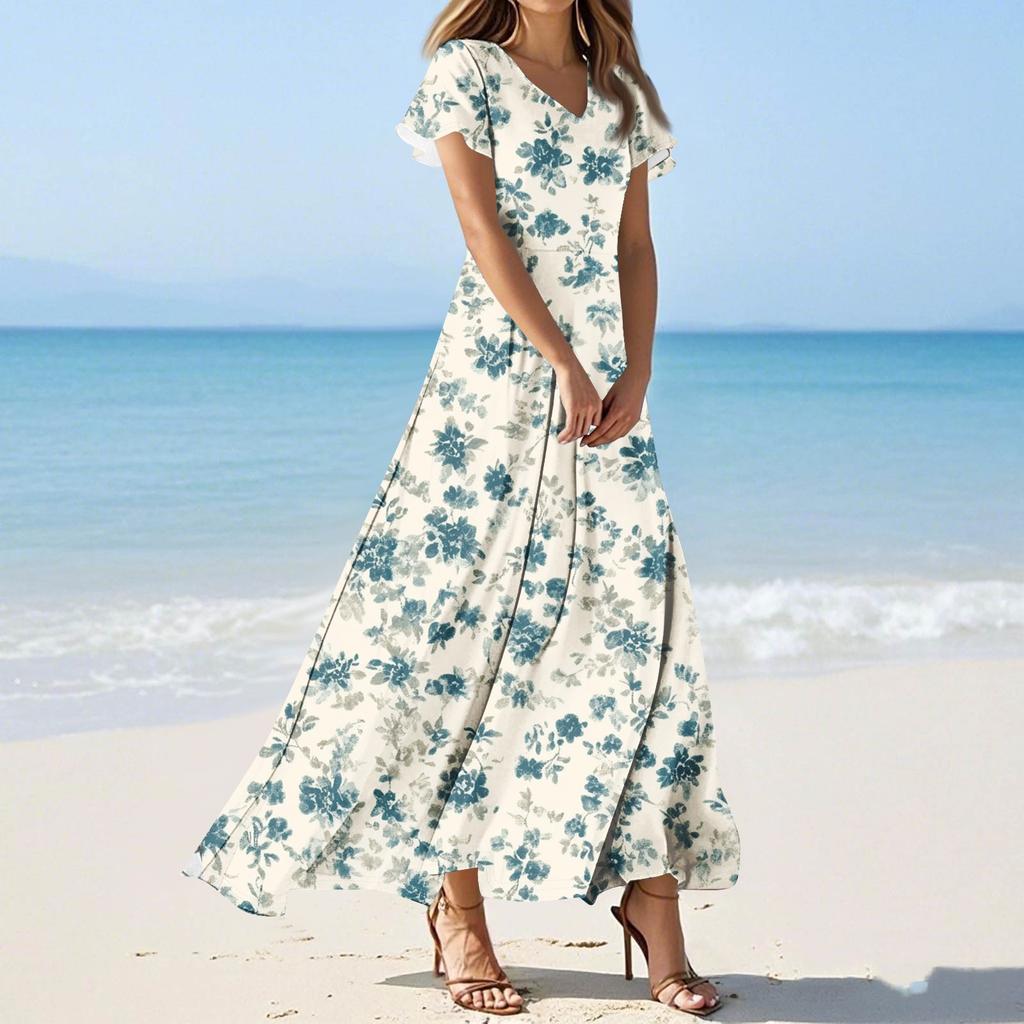 Damen Sommer Blumenmuster V-Ausschnitt Kurzarm Maxikleid Fließendes A-Linien Maxikleid Bohemian Urlaubs Strandkleid