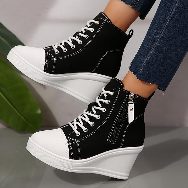 Fashion Lightweight Wedge Sneakers for Women Fashion Platform High Top Canvas Shoes Woman Zipper Lace Up Casual Walking Shoes Plus Size
