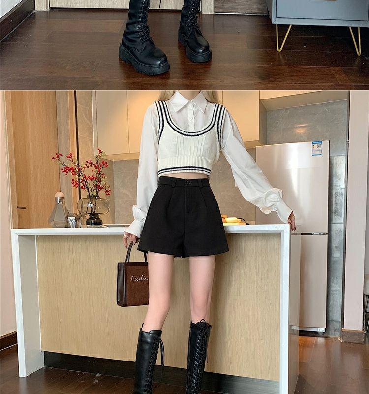 Dámské černé vlněné šortky s vysokým pasem, áčkového střihu a širokými nohavicemi pro jaro, podzim a zimu