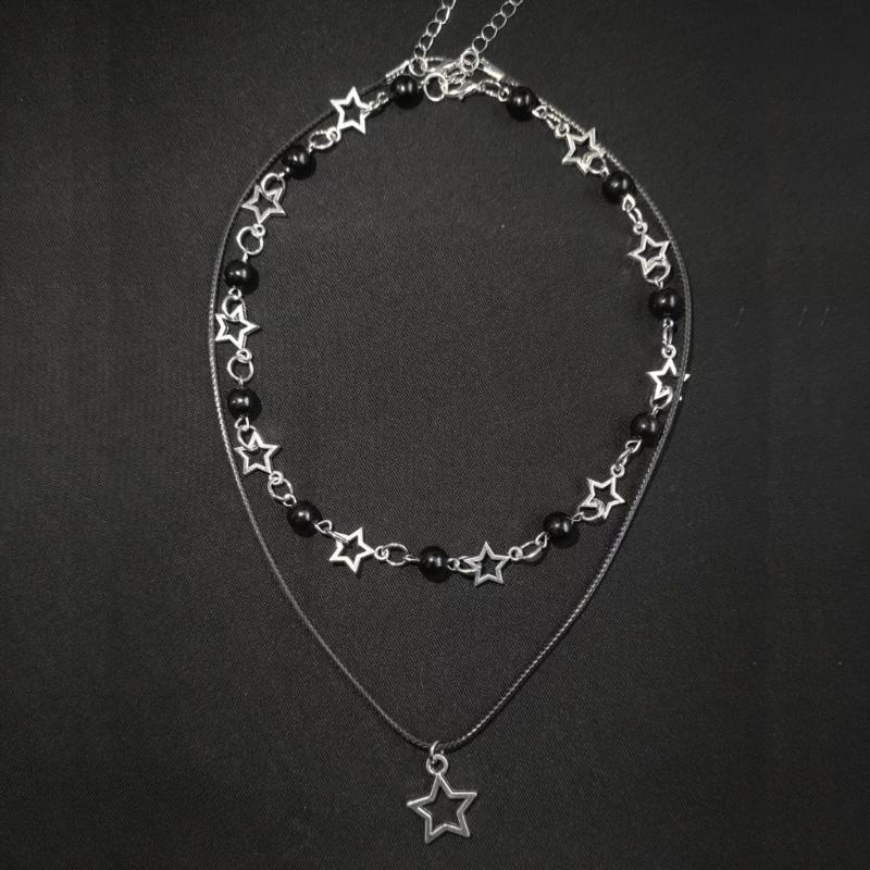 Fashion Double Layered Black Bead Star Choker Necklace Punk Pentagram Leather Rope Necklaces For Women Girls