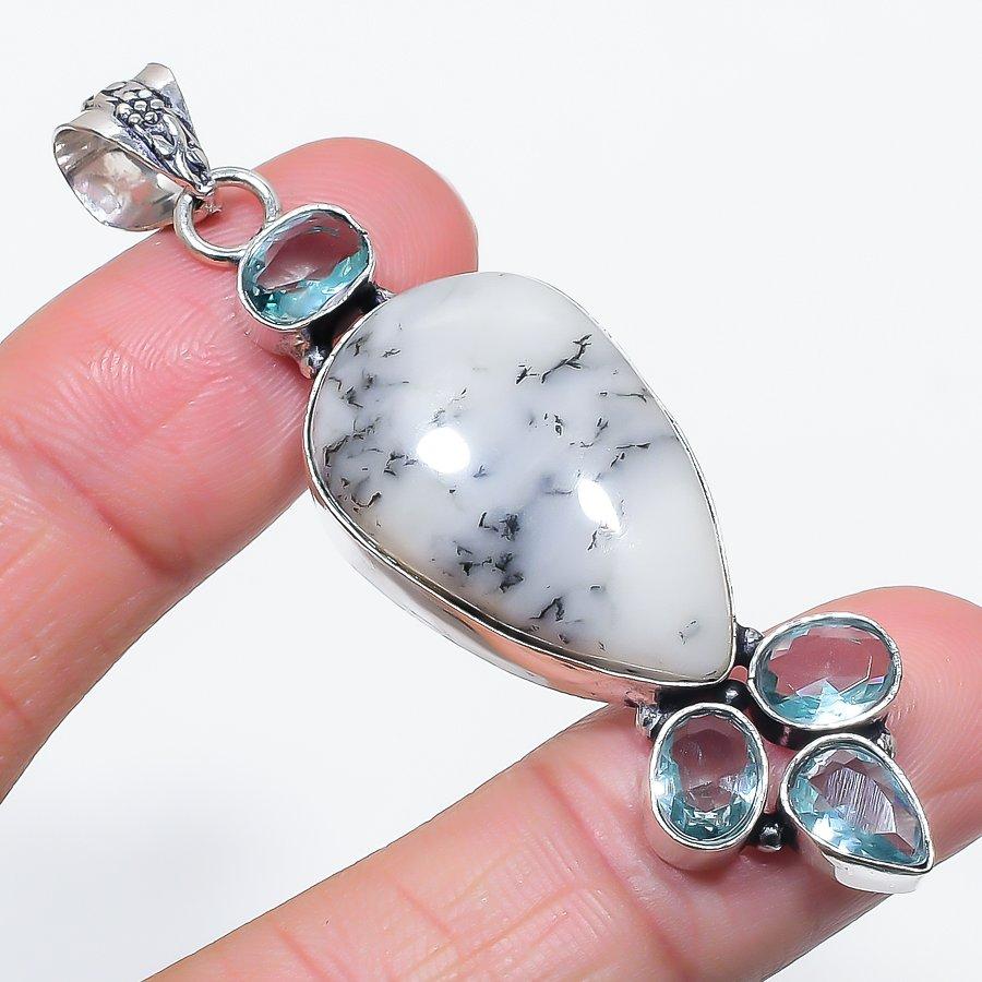 Natural Dendrite Opal, Topaz 925 Sterling Silver Jewelry Pendant 2.68" s8e42