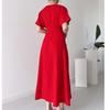 2024 Spring/Summer Pleated Drawstring Women's Maxi Dress - Solid Color Fashion