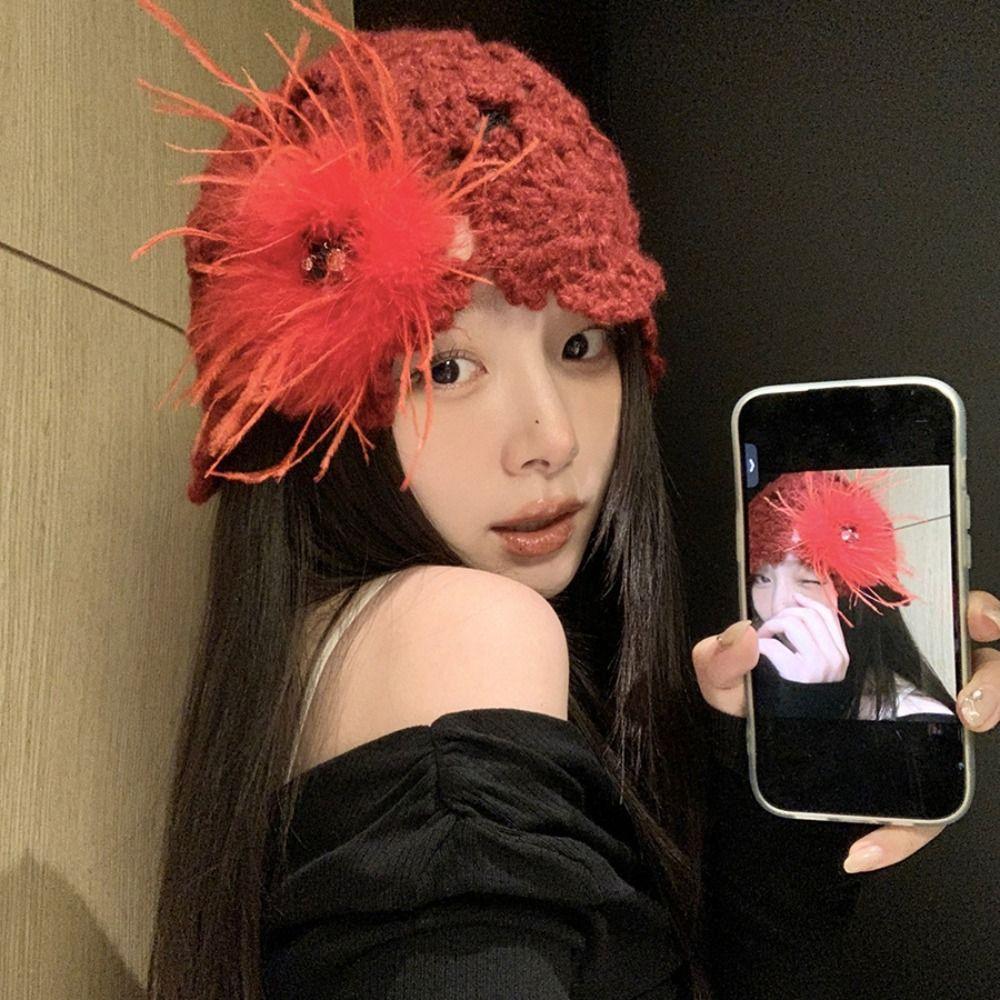 Bohemian Hollow Knitted Beanies Hat Weave Y2K Sweet Hat Vintage Casual Turban Hat  Autumn