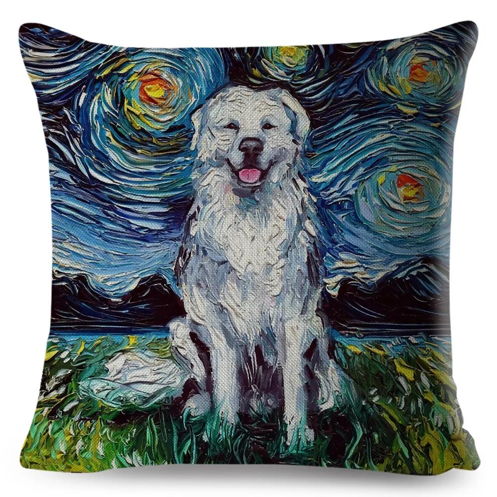 Both Sided Starry Sky Dog Cushion Cover Decor Oil Painting Cartoon Pet Animal Pillow Case for Sofa Home  Linen Pillowcase