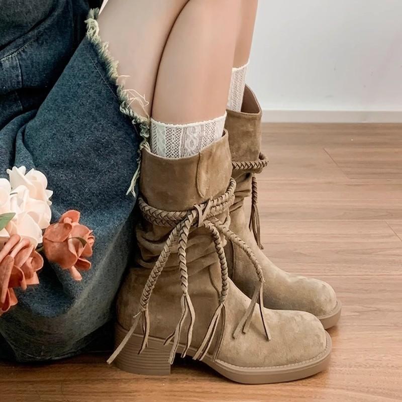 Thick-soled thick-heeled retro wasteland knight boots women's autumn, autumn and winter western cowboy long tube single boot medium tube short boots