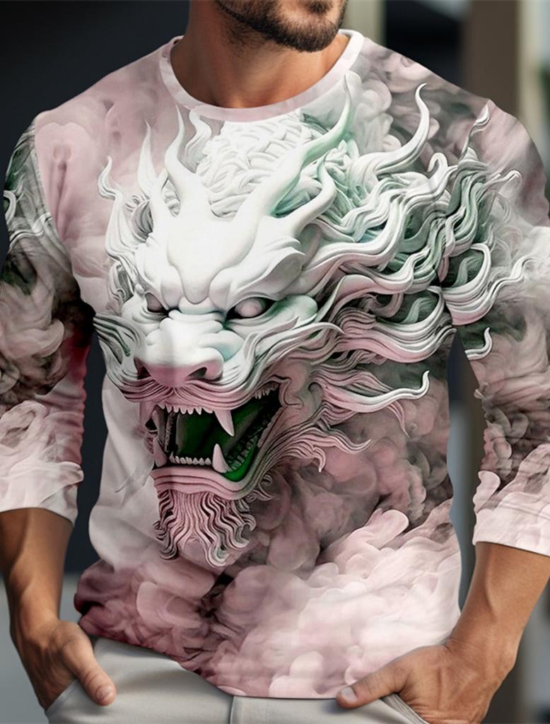 Dragon Pattern Casual Men's 3D Printed Outdoor Resort Burgundy Blue Green Long Sleeve Round Neck Spring Summer Clothing