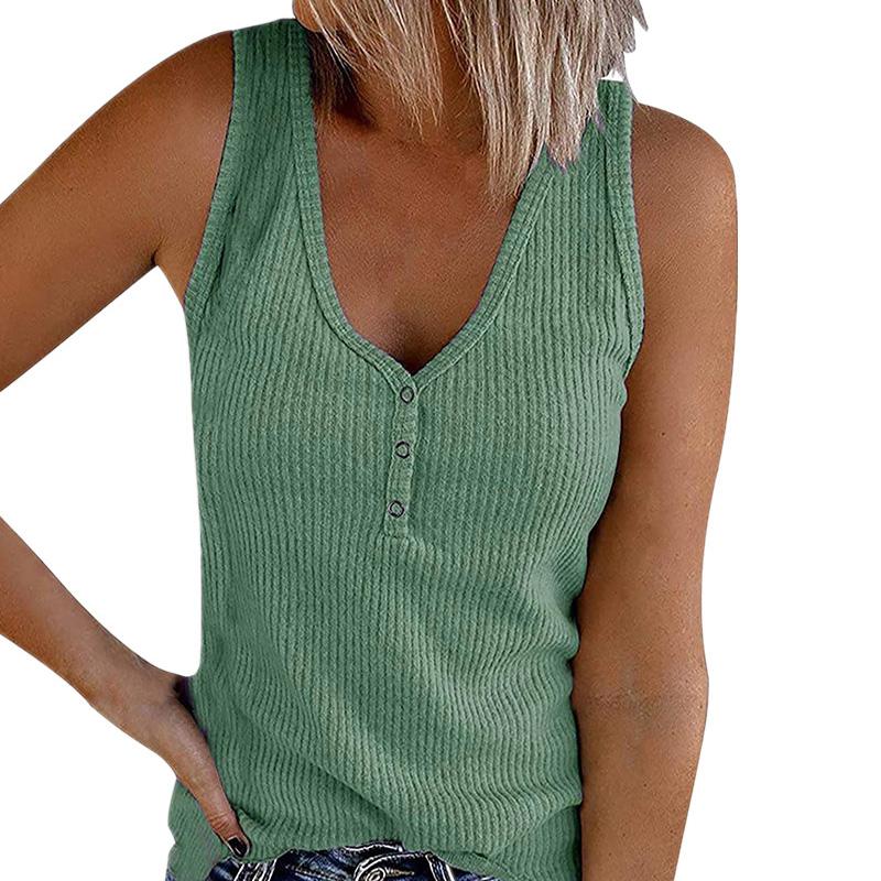 Women's Solid Color V-Neck Sleeveless Button Down Tank Top