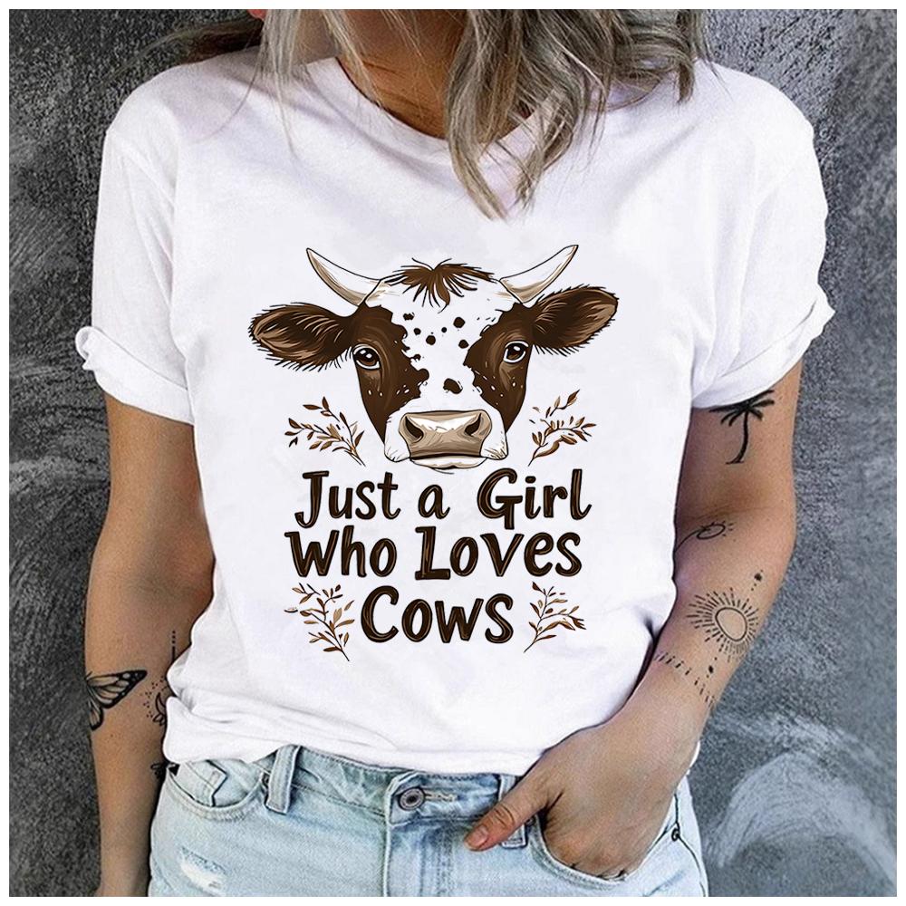 Unisex 100% Polyester Summer Top Just a Girl Who Loves Cows Print Loose Round Neck Short Sleeve Fashion for Lovers