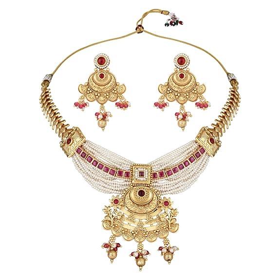 Colier Bijuterii cu Perle din Alamă Antică Tradițional Placat cu Aur cu Set Cercei Pentru Femei