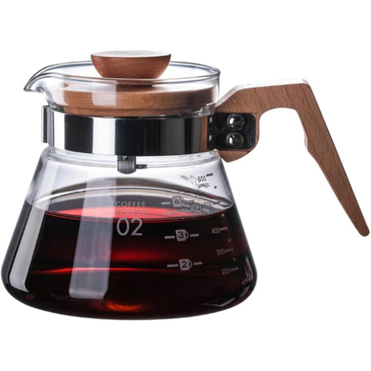 Glass Carafe Coffee, High Borosilicate Glass Coffee Pot V-Shaped Outlet Heatproof Mug Wooden Measuring Cups Coffee Carafe (600ml)