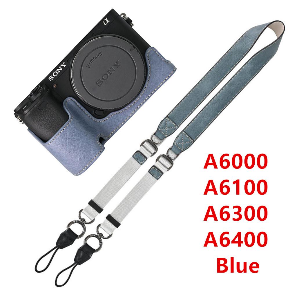 Půl pouzdro na fotoaparát z PU kůže s texturou liči pro Sony A6700 A6400 A6300 A6100 A6000 ZVE10 ZVE10II ZVE10M2 Spodní otevírací kryt s popruhem