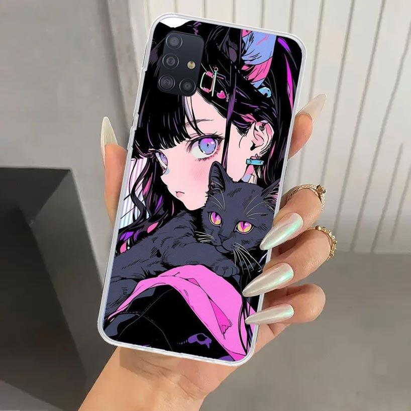 Anime Girls Cute Black Cat Phone Case for Samsung Galaxy A52 A32 A22 A12 A02S A50S A30S A10S Note 20 Ultra 10 Plus S10 A31 A20 A