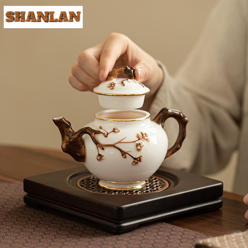 300ml Handmade Relief Plum Blossom Art Teapot Aesthetic Sheep Fat Jade Porcelain Pot Tea Making Kettle Teaware Accessories Gift