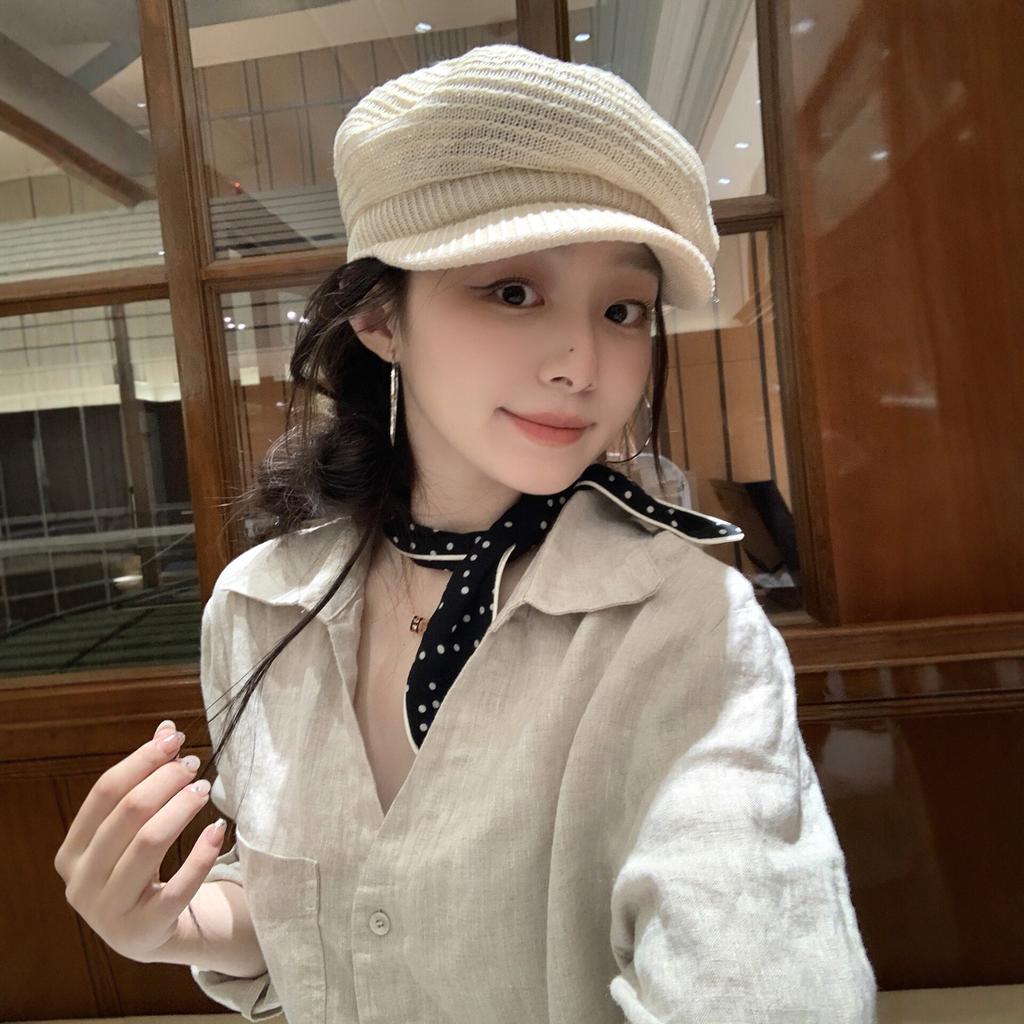 Summer Big Head Circumference Linen Hollow Hat Female Summer Old Money Wind Beige Beret Female Face Small Newsboy Hat