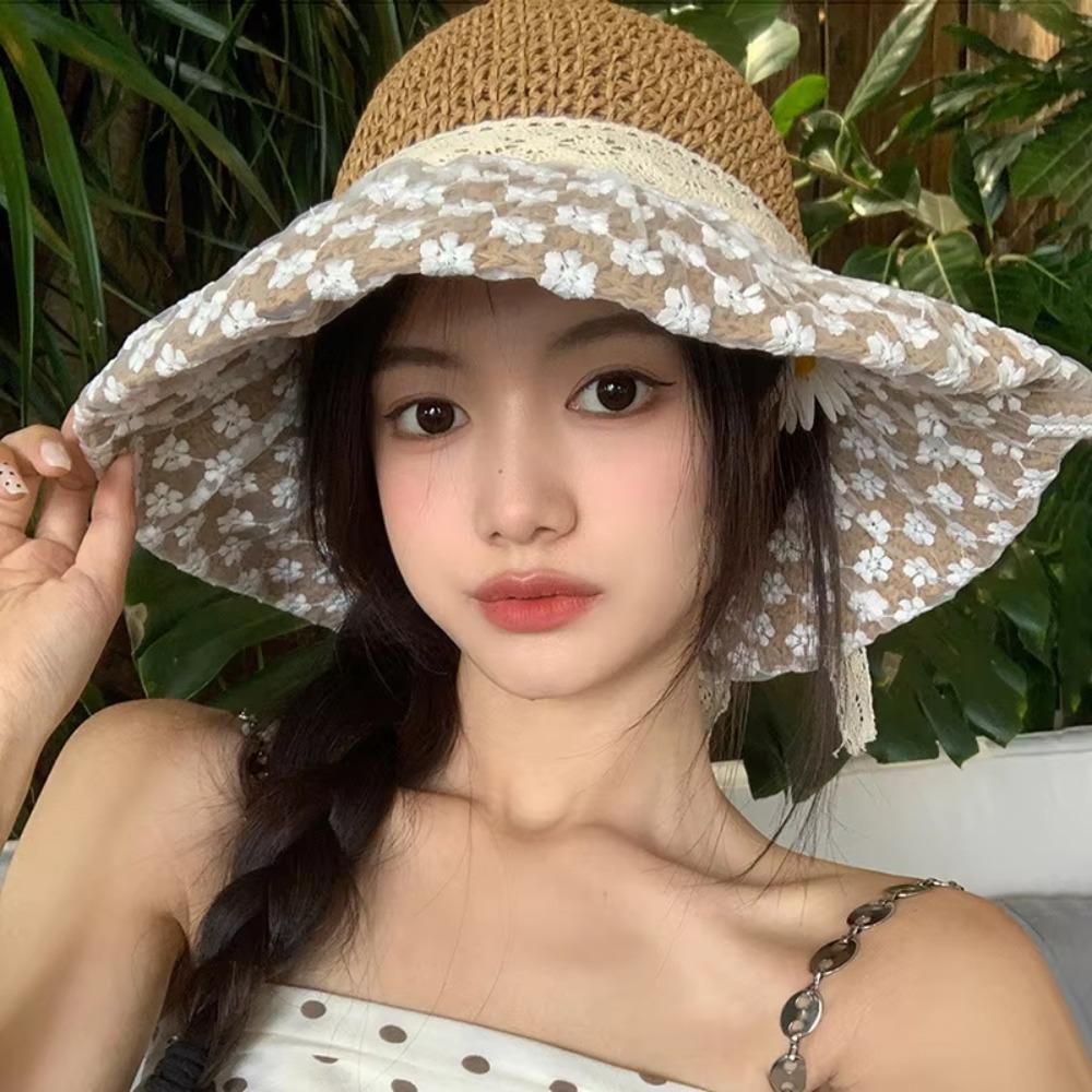 Anti-UV Blumen Sonnenhut Große Krempe Spitze Schleife Sonnenschutz Kappe Mode Damen Strohhut Outdoor