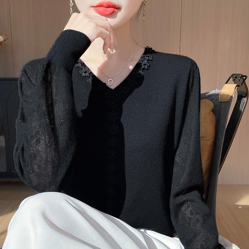 Sheer Sleeve V-Neck Knitwear: Spring/Summer Hollowed-Out Women’s Versatile Base for Elegant Mom Style