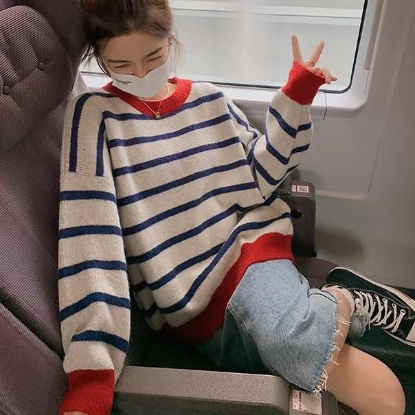 Japanese Style Striped Sweaters Women Autumn and Winte Large Size Loose All-match Knitting Pullovers