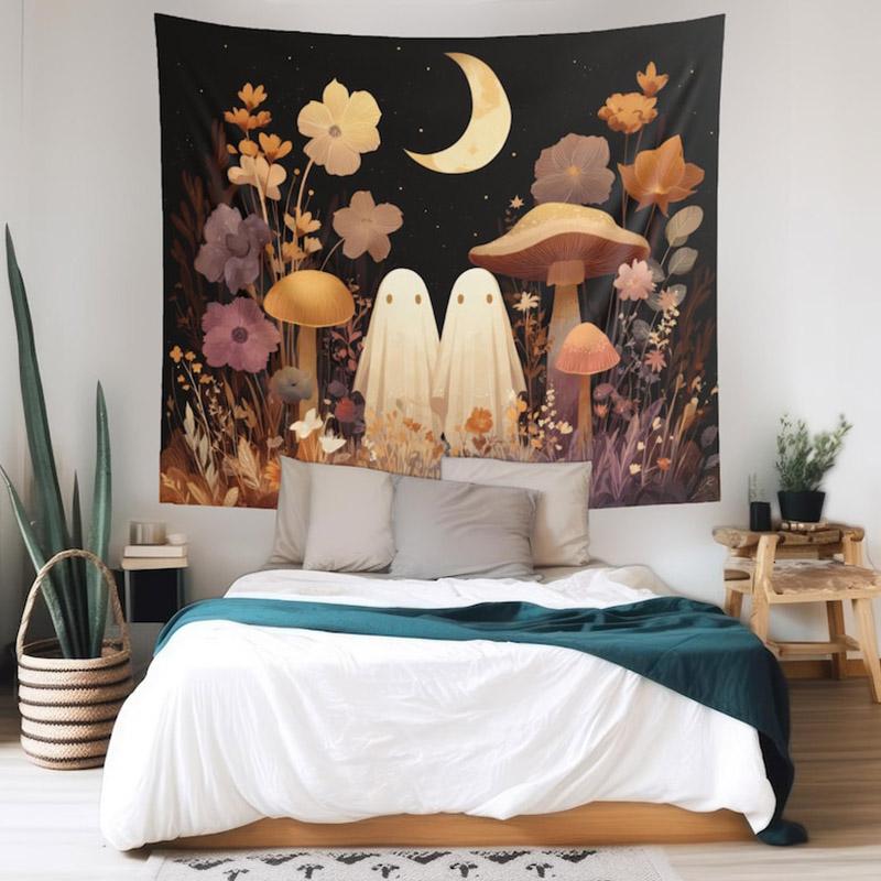 Ghost Garden Whimsy Tapestry with Cute Ghosts Mushrooms Wildflowers Crescent Moon Halloween Wall Art for Witchy Decor Halloween 100X70CM