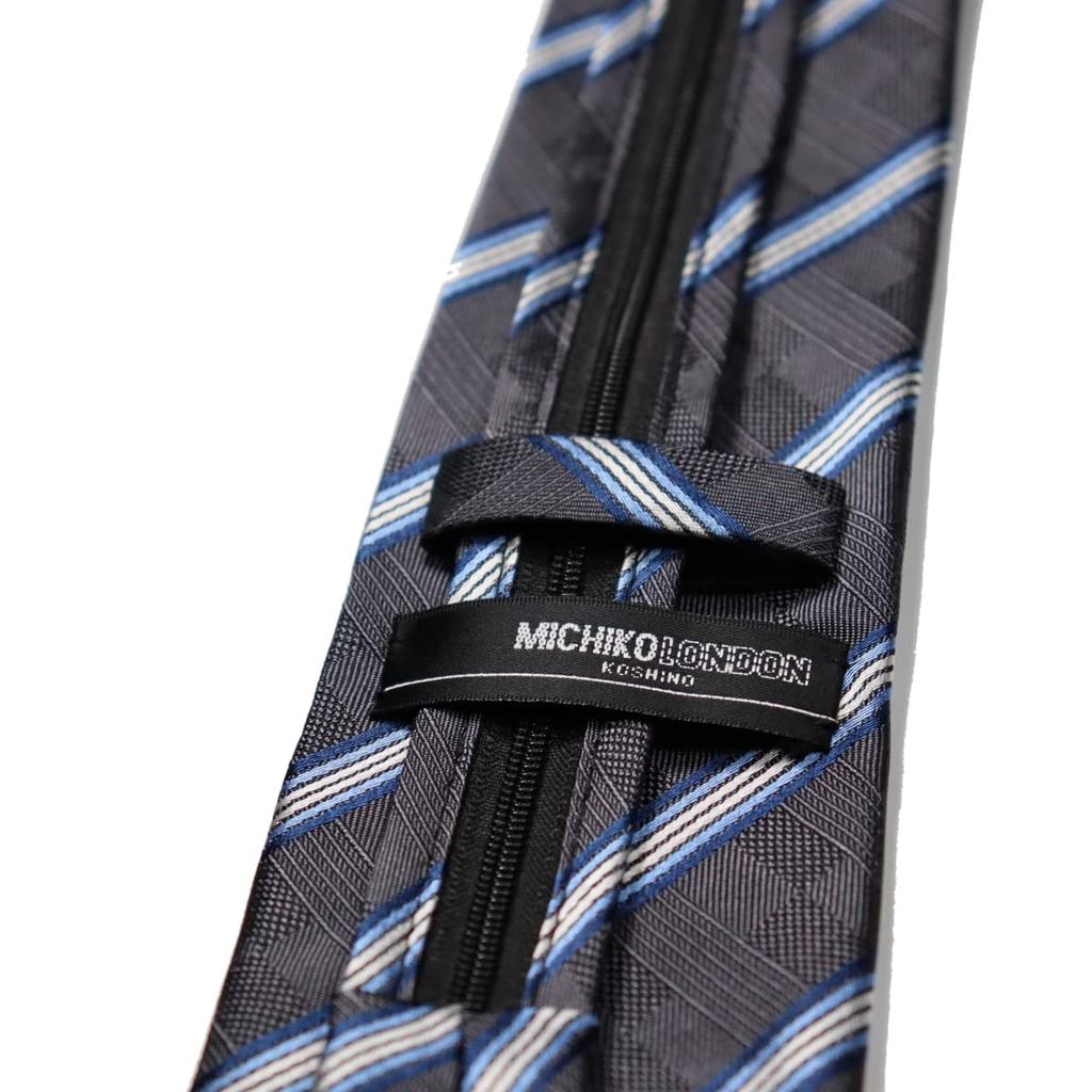 [Michiko London] KOSHINO One-Touch Tie, Striped, Zipper Tie, No-Knot, Easy to Wear, Silk Blend, MKZP-1-C, Gray, Gift, Stylish