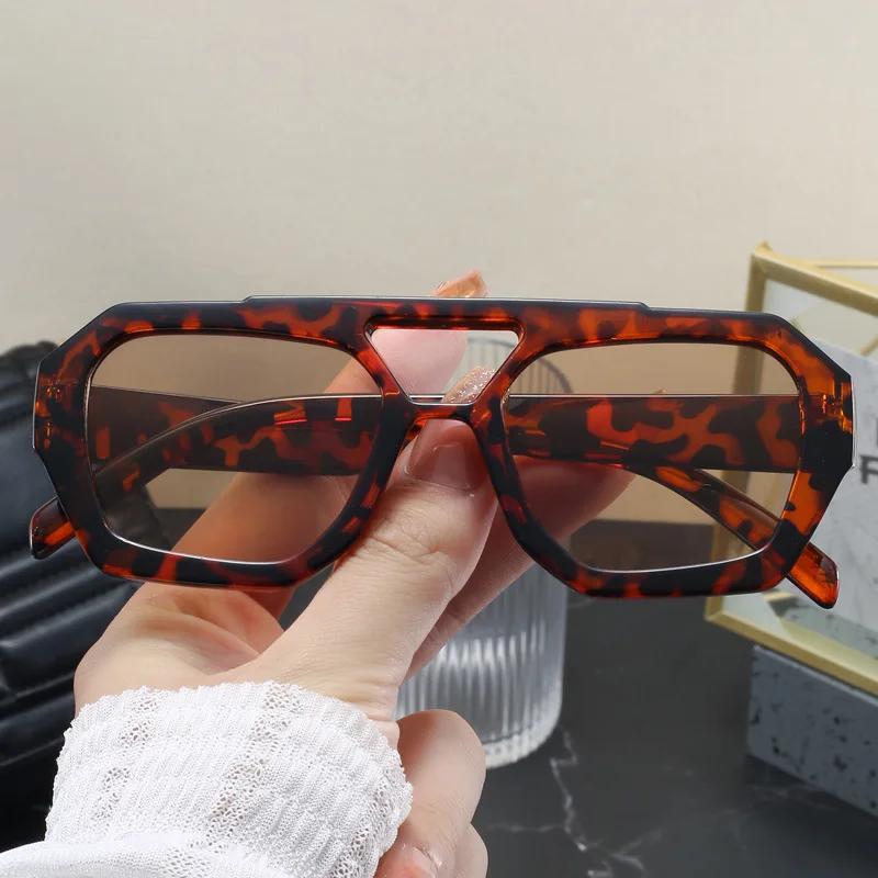 Nowe Vintage Kwadratowe Okulary Przeciwsłoneczne Moda Kobiety Mężczyźni Podwójne Mostki Okulary Damskie Szykowne Wielokątne Okulary Przeciwsłoneczne Odcienie Leoparda Okulary