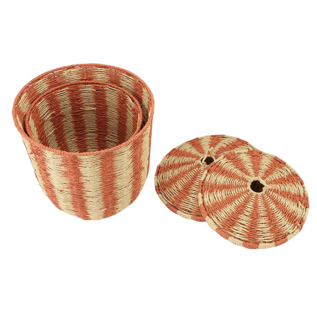 2 STÜCK Gewebter Aufbewahrungskorb mit Deckel Stabiles Eisengestell Rot Vintage Dekorativer Rattan-Bodenkorb für Kleidung Decke Spielzeug Snack