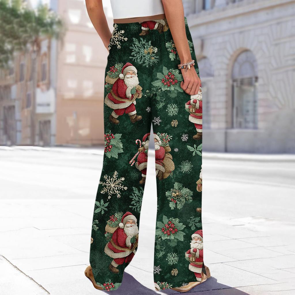 Ladies' Loose And Casual Christmas Printed Wide Leg Pants With Elastic Waistband Drawstring And Pocket Pants
