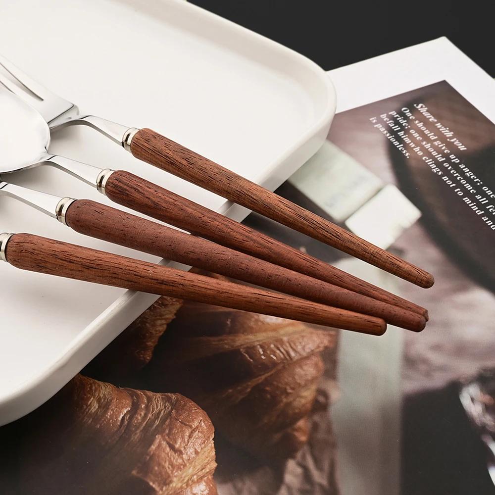 4/20Pcs Imitation Wooden Handle Cutlery Set Brown Silver Dinnerware Set Knife Fork Spoons Tableware Stainless Steel Flatware