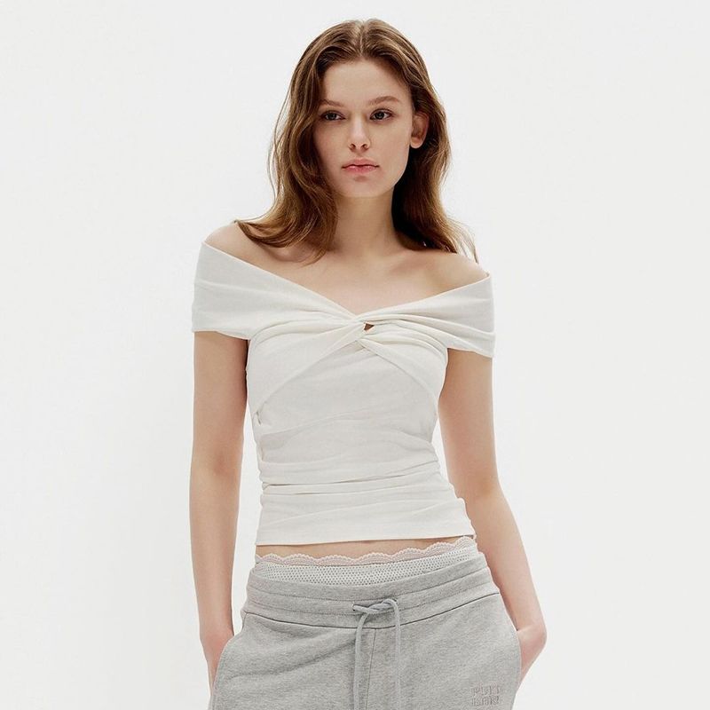 

Gusty American Style Sexy Cross Ruched Stylish off-the-Shoulder Short-Sleeved T-shirt Sweet and Pure Style Low-Cut Easiest for Match Tops White M