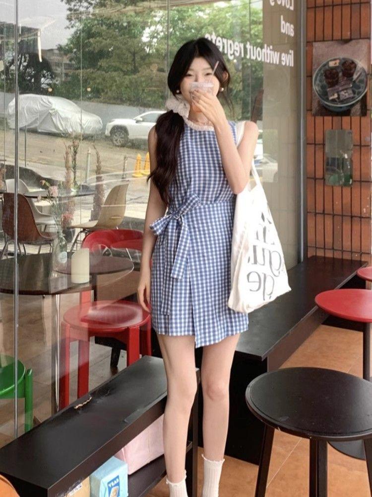 Robe sans manches à carreaux bleus style coréen avec ceinture nœud papillon - Jupe d'été amincissante pour femme