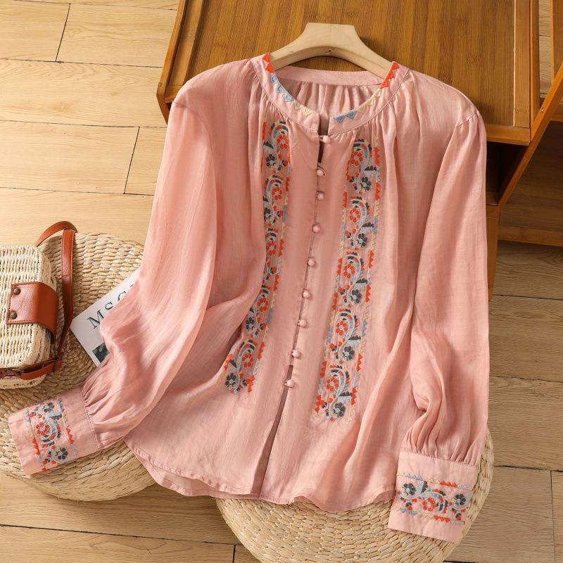 Vintage Ethnic Embroidered Long Lantern Sleeve Loose Thin Shirt For Women