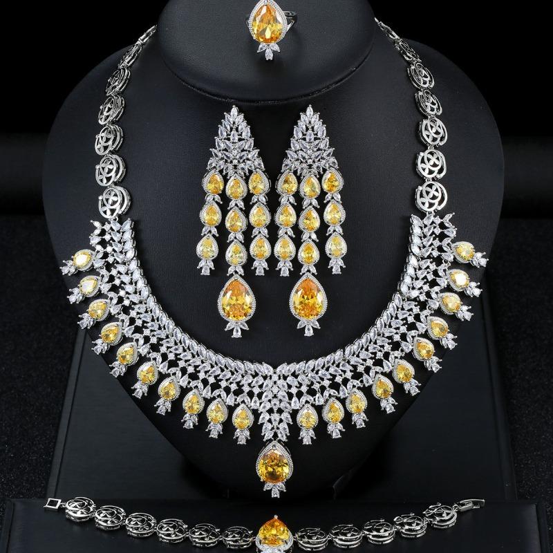 Bridal Zircon Necklace, Earrings, Bracelet, Ring Set, Exaggerated Luxury Four-piece Wedding Dress Accessories