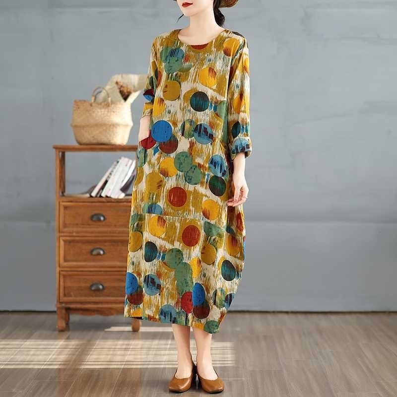 New Vintage Printed Round Neck Long Sleeve Plus Size Long Dresses