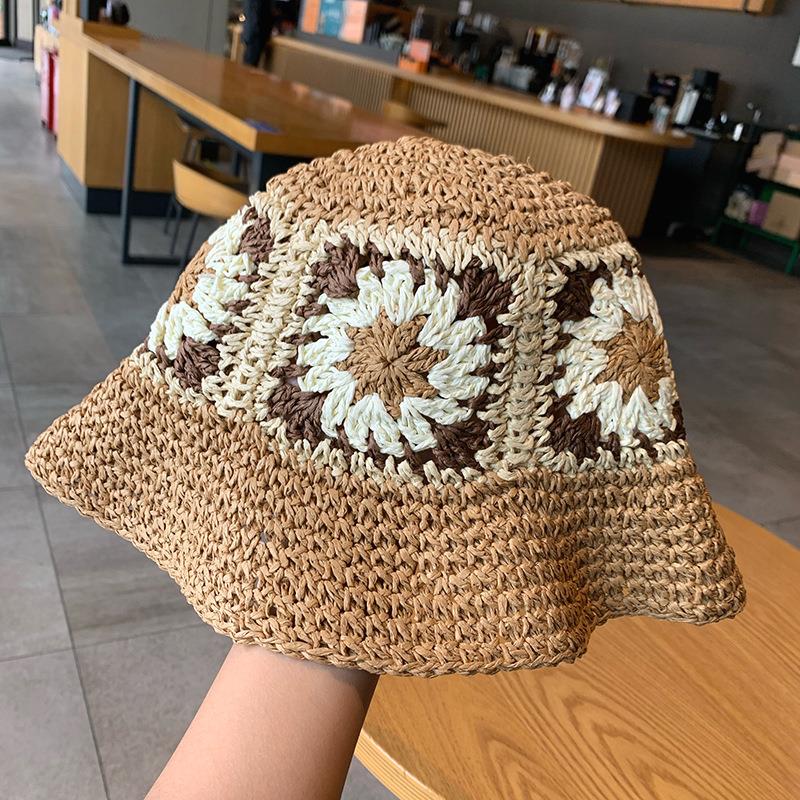 Women Sun Beach Crochet Flowers Hat Fisherman Hat Tourism Female Vacation Paper Straw Bucket Hat
