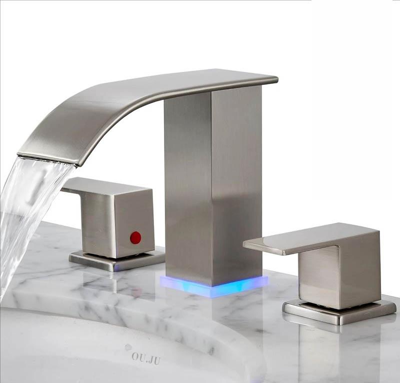 LED Waterfall Bathroom 3 Holes Basin Faucet, 2 Handles Cold Hot Water Mixers Sink Tap RGB Color Change Powered by Water Flow