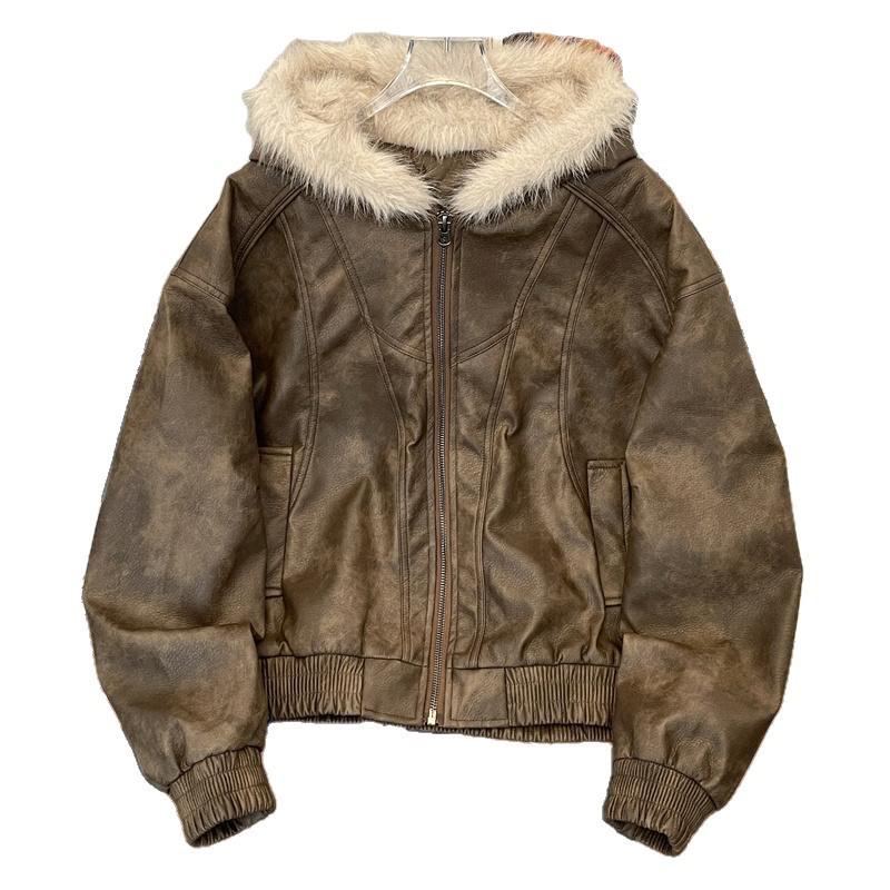 Herren Übergroße Gewaschene Lederjacke mit Pelzkragen und Kapuze Wintermantel